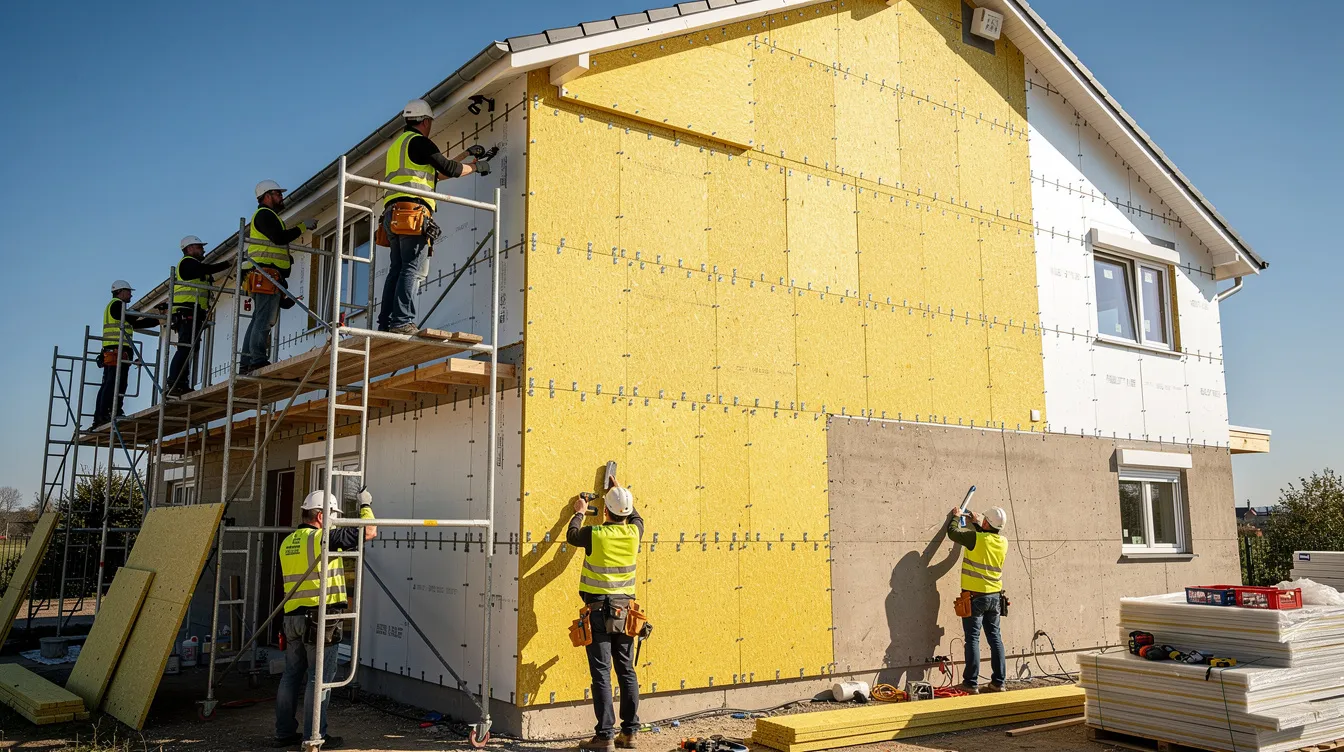 En arbetare monterar tjock isolering på utsidan av ett hus, vilket är viktigt för att isolera ytterväggen och skydda mot fuktig luft. Personen använder steg för att nå högre delar av fasaden och säkerställa att isoleringen sätts på rätt sätt.