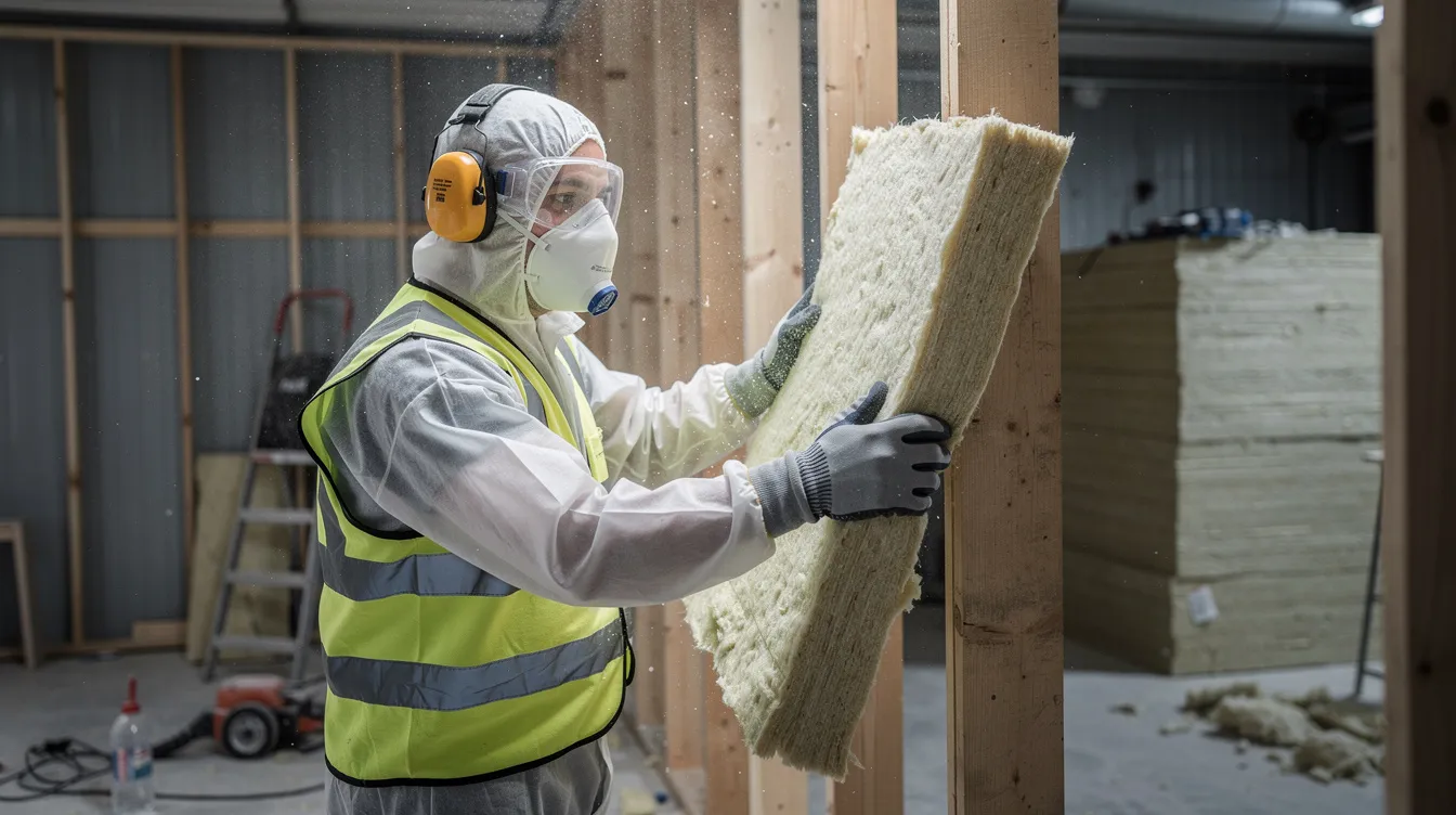 En person iförd skyddsutrustning arbetar med tjock isolering för att isolera inifrån ytterväggen. Arbetet involverar att noggrant applicera isoleringsmaterial för att förhindra fukt och förbättra husets energieffektivitet.