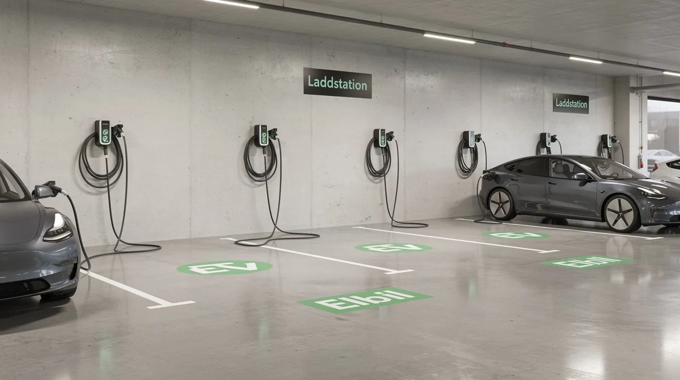 Bildbeskrivning: I garaget syns flera laddboxar monterade på väggen, strategiskt placerade vid parkeringsplatser för elbilar. Dessa laddstolpar möjliggör smidig elbilsladdning för boende i bostadsrättsföreningen och erbjuder en hållbar lösning för att kunna ladda bilen.