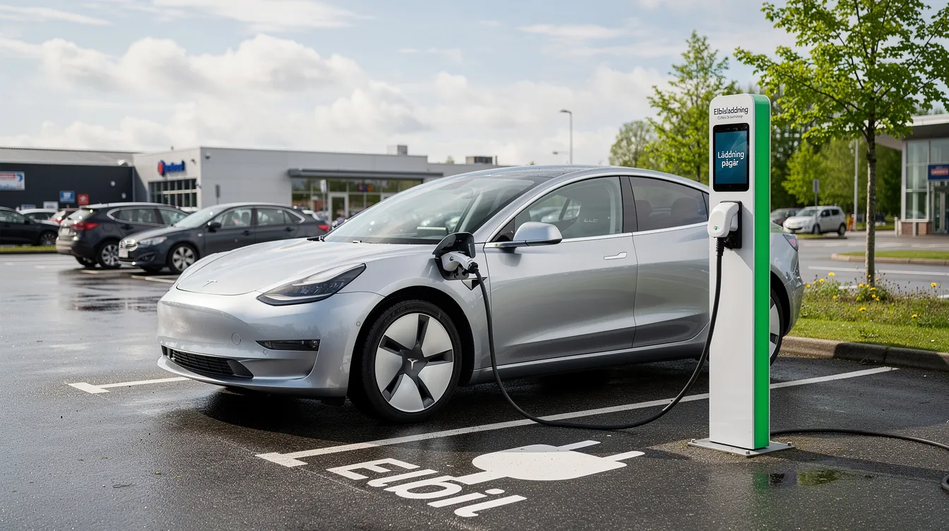 En elbil laddar vid en laddstolpe på en utomhus parkeringsplats, vilket illustrerar installationen av laddstolpar för att möjliggöra elbilsladdning. Denna lösning är viktig för bostadsrättsföreningar som vill erbjuda medlemmarna smart laddning och fler laddplatser.