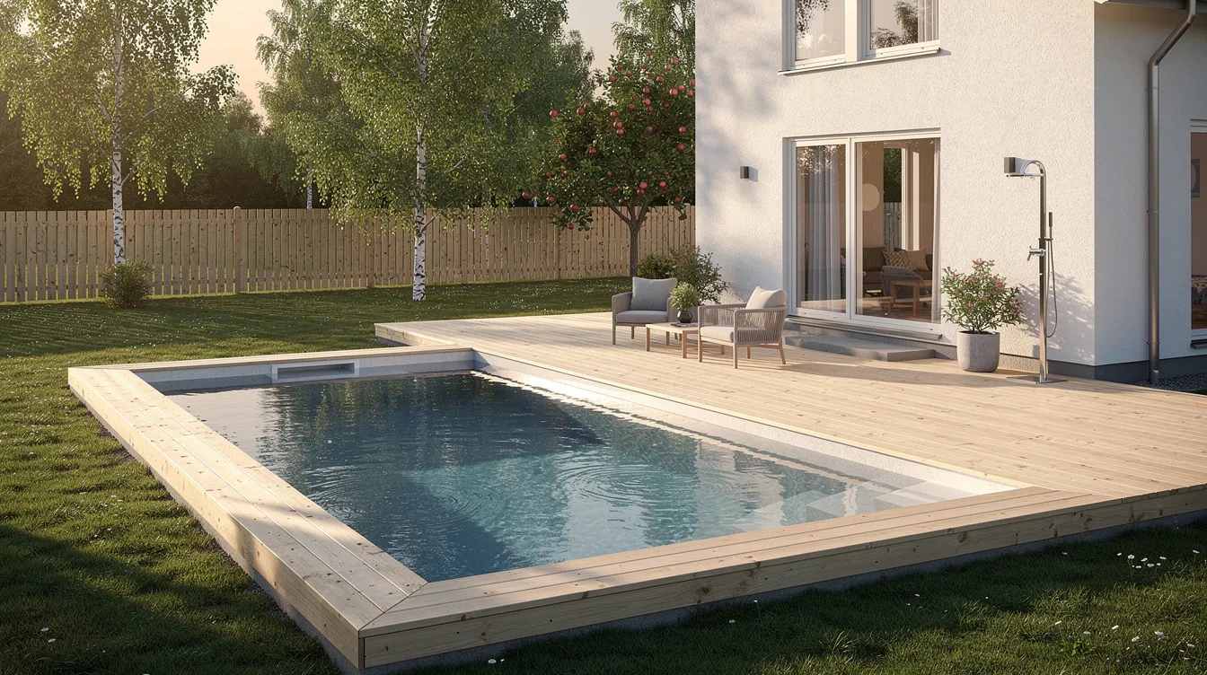 En nedgrävd pool är integrerad med ett trädäck och en altan i en svensk villaträdgård, vilket skapar en harmonisk och inbjudande utomhusmiljö. Poolen, som är rund och delvis omgiven av trä, ger en perfekt plats för avkoppling och bad under sommaren.