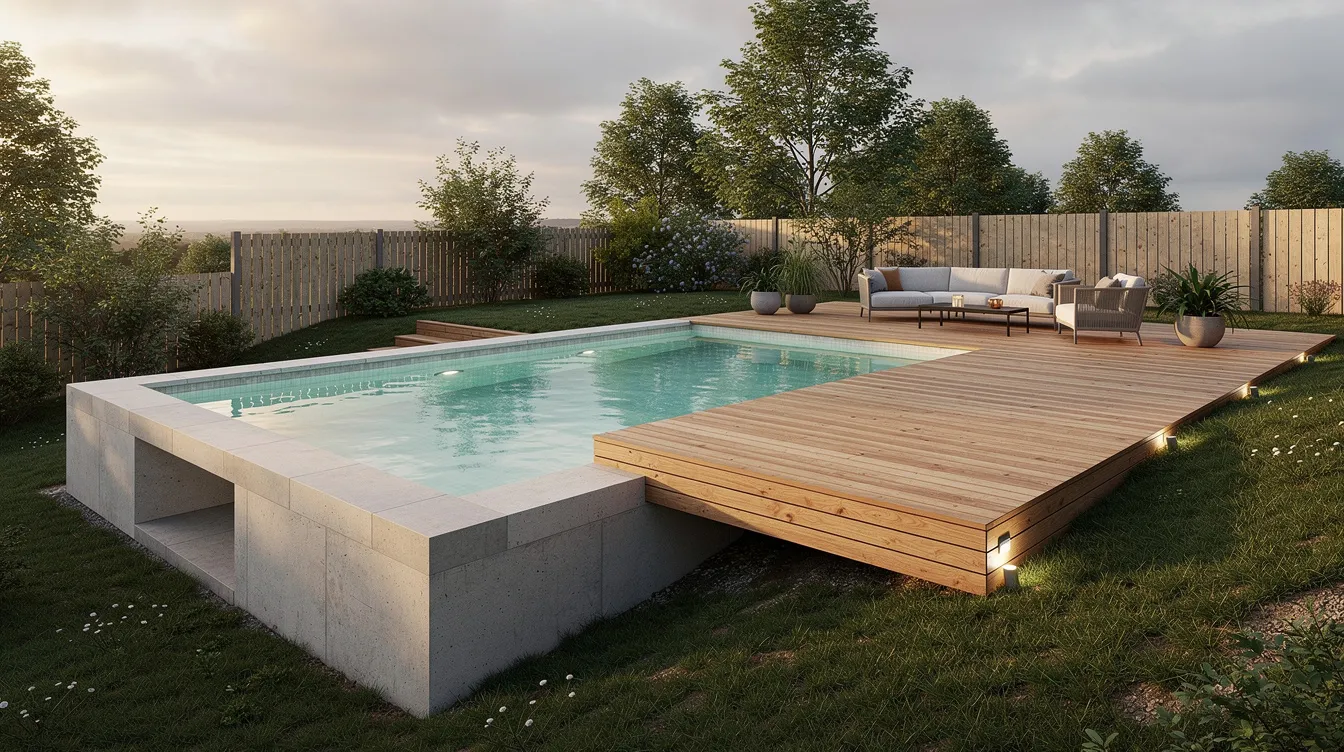 Bildbeskrivning: En delvis nedgrävd rund pool med ett trädäck som döljer ena sidan, vilket ger en elegant och naturlig känsla i trädgården. Poolen är omgiven av grönska och skapar en inbjudande plats för avkoppling och bad.