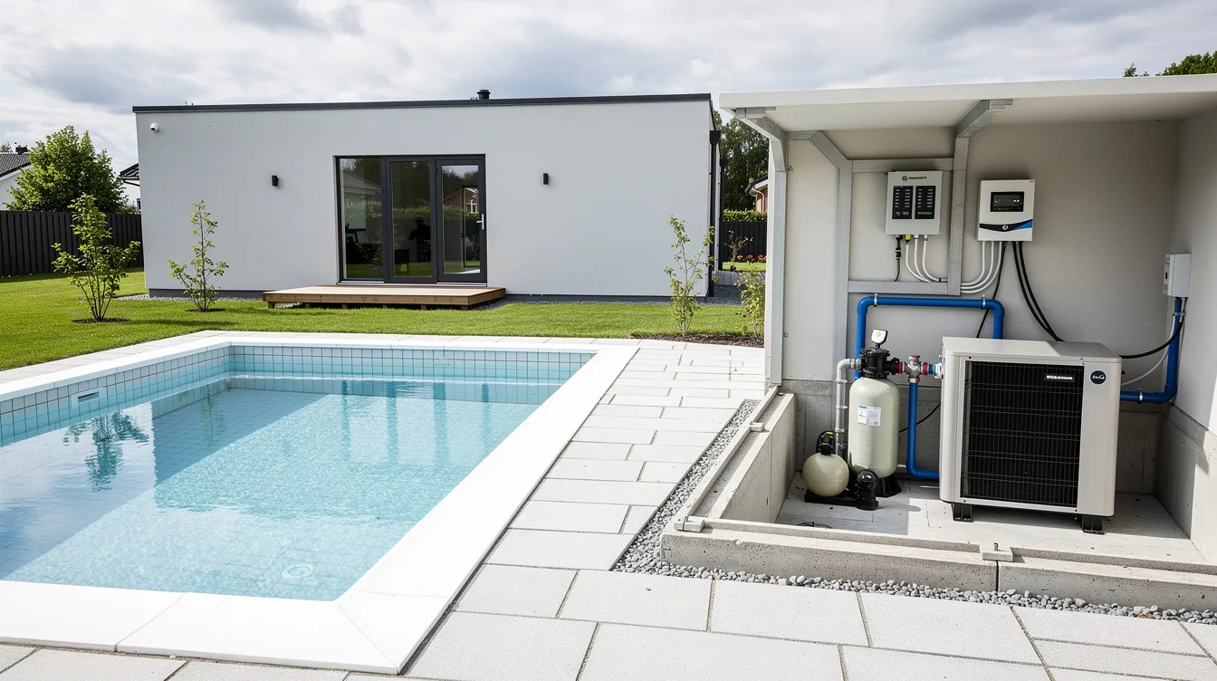 En nyinstallerad nedgrävd pool syns i trädgården, omgiven av teknikutrustning som behövs för att hålla vattnet klart och rent. Poolen är rund och designad för lång livslängd, vilket gör den till ett utmärkt val för avkoppling och bad under sommaren.