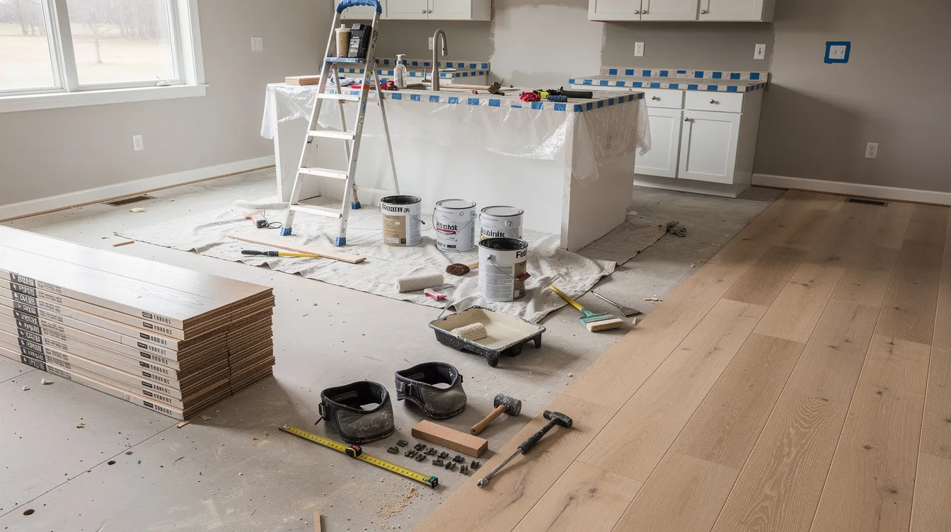 En bild som visar pågående köksrenovering där golvinstallationen är i fokus, tillsammans med målningstillbehör som penslar och färg. Projektet syftar till att skapa ett helt nytt kök, vilket ofta kräver noggrant val av material och hantverkare för att hålla kostnaderna under kontroll.