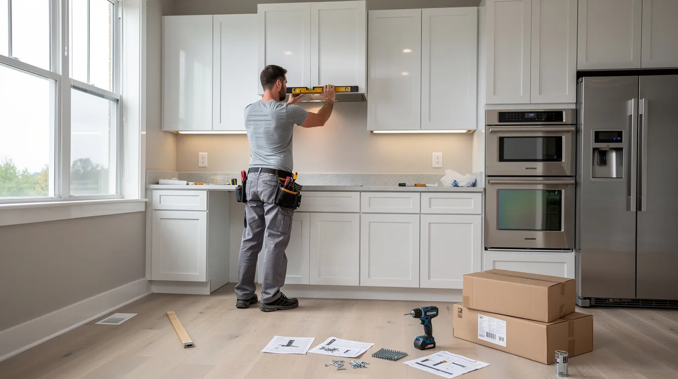 En professionell hantverkare installerar vita köksskåp i ett modernt hem, vilket är en del av en köksrenovering. Denna typ av arbete kan kosta 100 000 kronor beroende på material och montering.