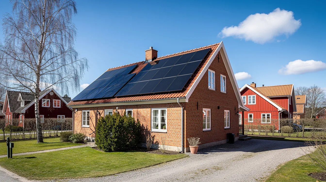 Bildbeskrivning: Solpaneler är monterade på taket av ett rödtegelhus i ett svenskt villaområde, med en klar blå himmel som bakgrund. Solcellerna fångar solens energi och producerar elektricitet i form av likström, som sedan omvandlas till växelström av en växelriktare för att användas i elnätet.