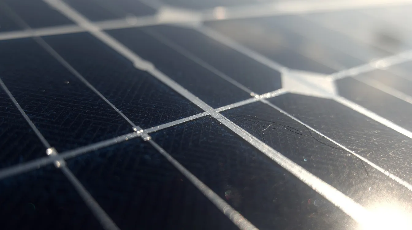 Närbild på monokristallina solceller som visar den tydliga kiselstrukturen. Dessa solceller fungerar genom att omvandla solens energi till elektricitet i form av likström, vilket sedan kan omvandlas till växelström av en växelriktare för användning i elnätet.