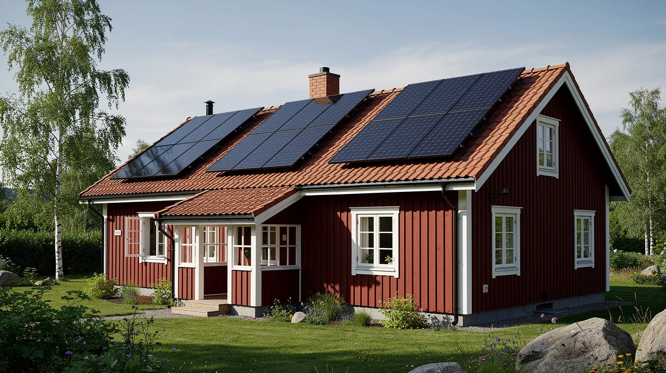 En bild av ett svenskt hus med solpaneler monterade på taket, som är placerade i olika riktningar för att maximera fångandet av solens strålar. Solcellerna producerar elektricitet i form av likström, som sedan omvandlas till växelström av en växelriktare för att kunna användas i elnätet.