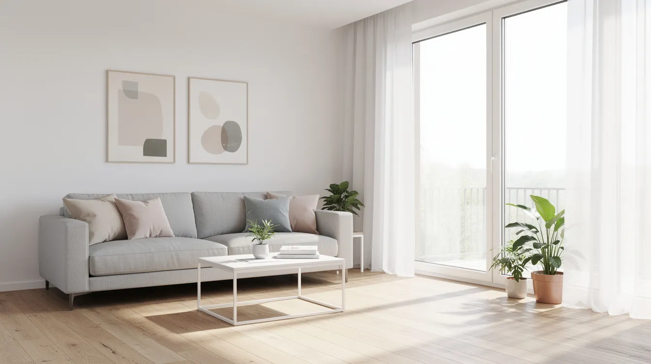 Ett ljust och rent vardagsrum med en bekväm soffa och stora fönster som släpper in mycket naturligt ljus. Rummet ger en känsla av öppenhet och fräschör, vilket gör det till en perfekt plats för avkoppling och regelbunden städning.