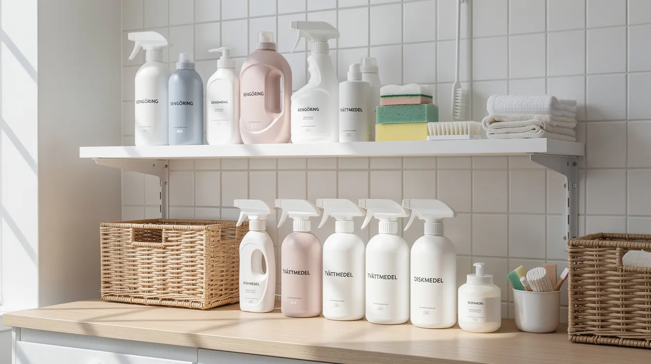 Bildbeskrivning: En organiserad samling av städprodukter och rengöringsmedel står på en hylla, inkluderande sprayflaskor, svampar och trasor. Dessa produkter är viktiga för hemstädning och ger en känsla av ordning och effektivitet i städningen.