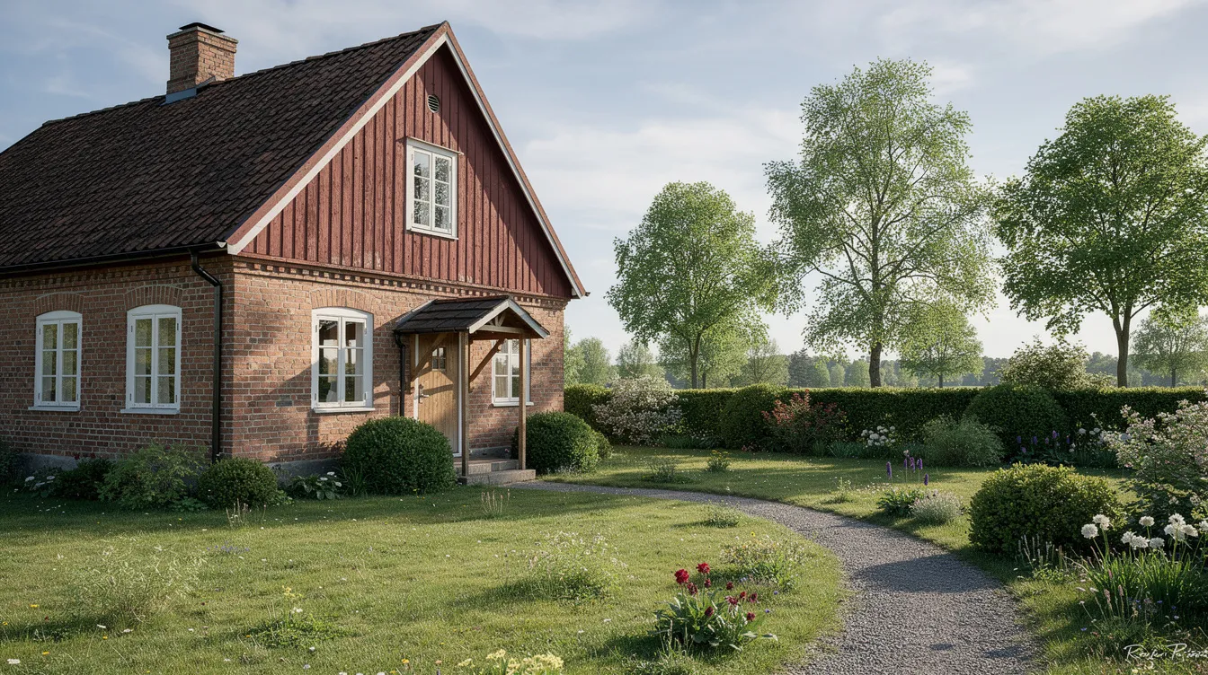 En äldre svensk villa med en röd tegelfasad omges av en grön trädgård. Huset kan ha dolda fel som köparen bör vara medveten om innan köpet, och en noggrann undersökning kan vara avgörande för att upptäcka eventuella brister.