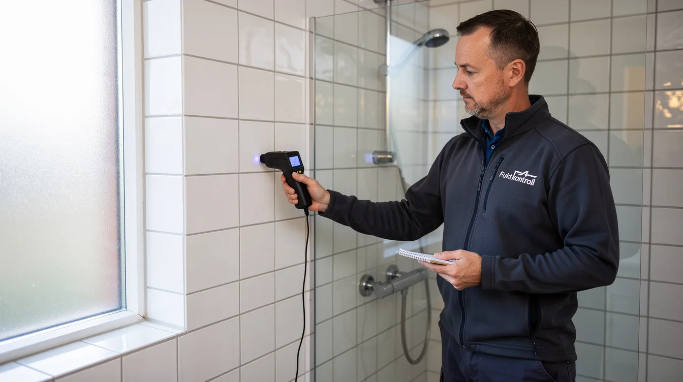 En person undersöker badrumsväggar med en fuktmätare för att upptäcka eventuella dolda fel i huset. Den noggranna undersökningen är viktig för att säkerställa att inga fel, som kan ha funnits vid köptillfället, går obemärkt förbi.