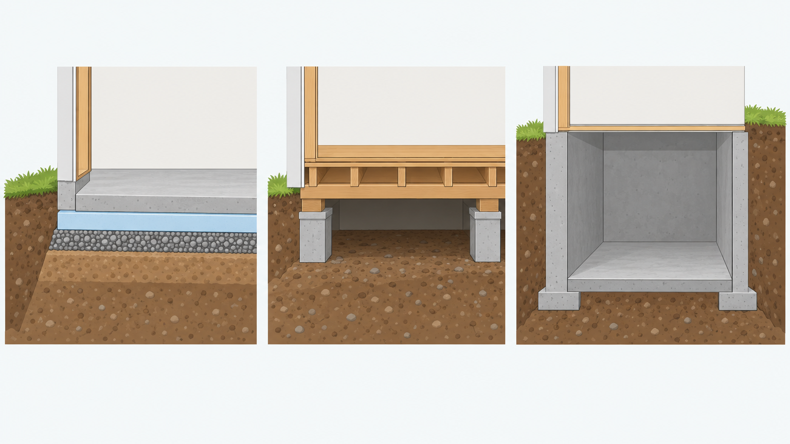 AI-genererad illustration: Schematisk jämförelse av platta på mark, krypgrund med utrymme under bjälklaget och källargrund med rum under marknivå.