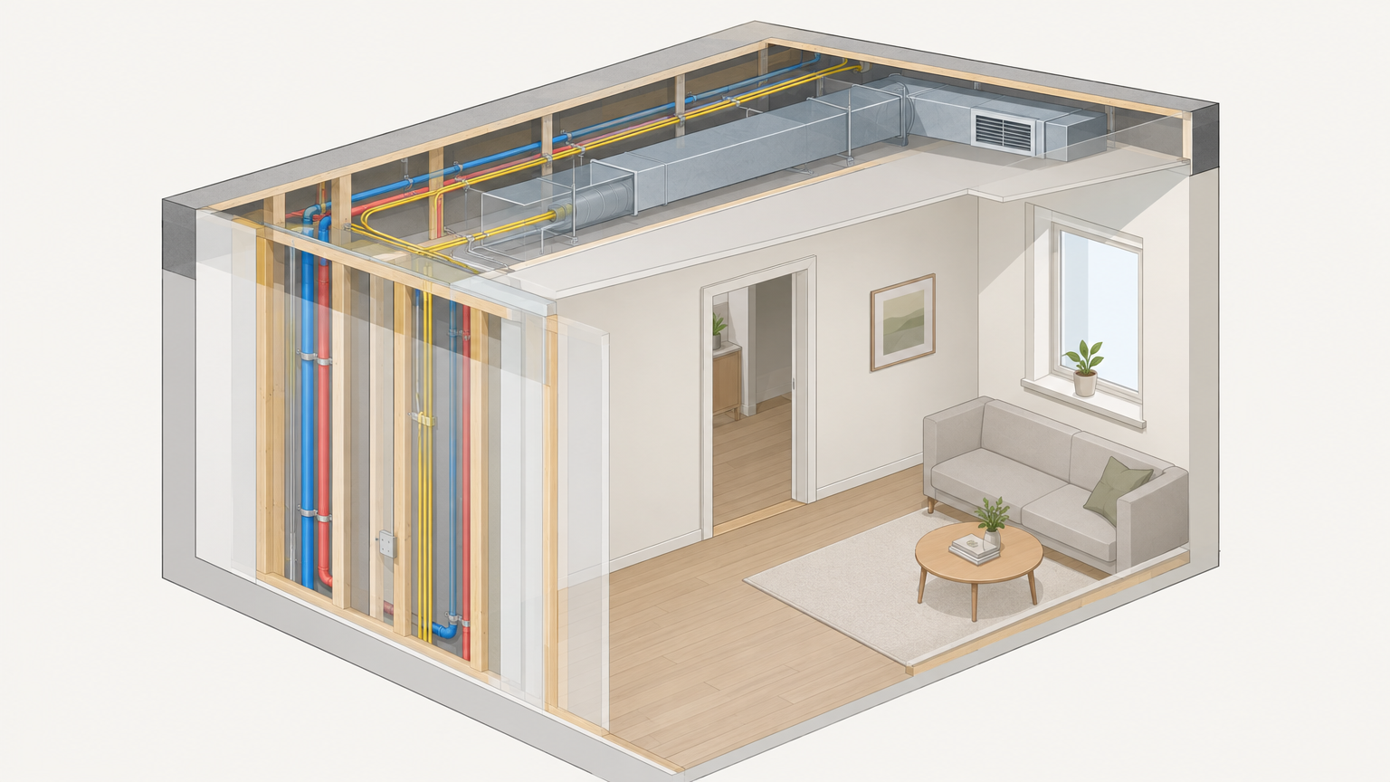AI-genererad illustration: Schematisk genomskärning av ett bostadsutrymme med reglar, elledningar, vattenrör och ventilation bakom ytskikten.
