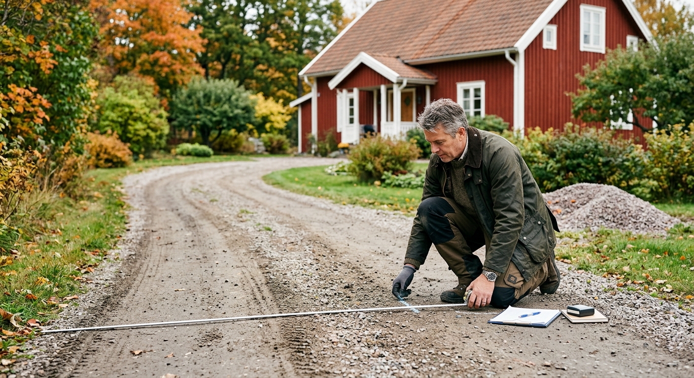 Villaägare som mäter en garageuppfart inför beräkning av pris för asfaltering
