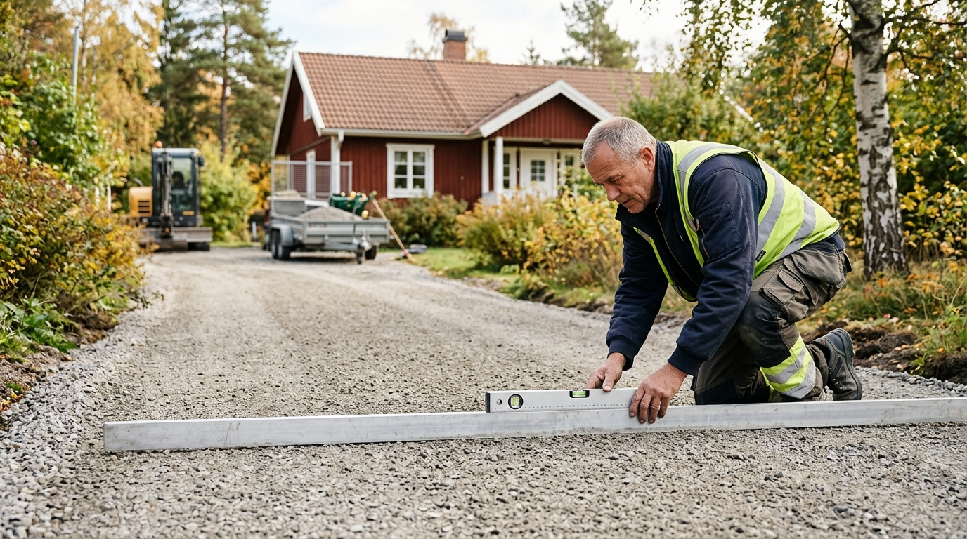 Markentreprenör som kontrollerar bärlager och fall på en uppfart före asfaltering
