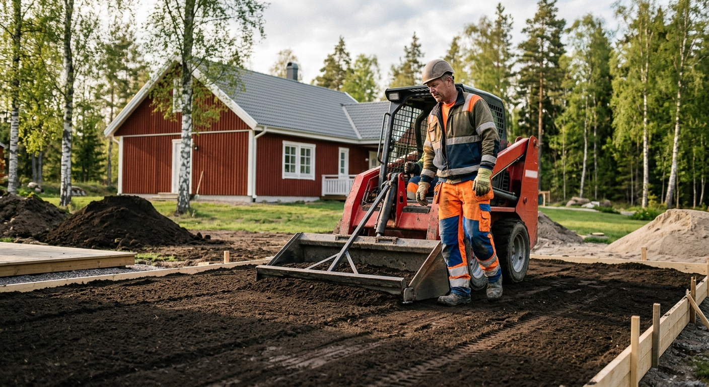 Markentreprenör som jämnar ut matjord inför anläggning av gräsmatta