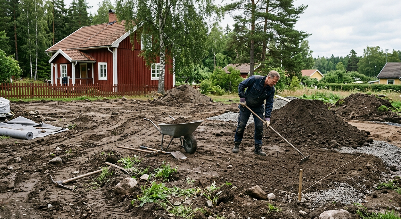 Tomt med ojämn mark, jordhögar och förberedelser för en ny gräsyta