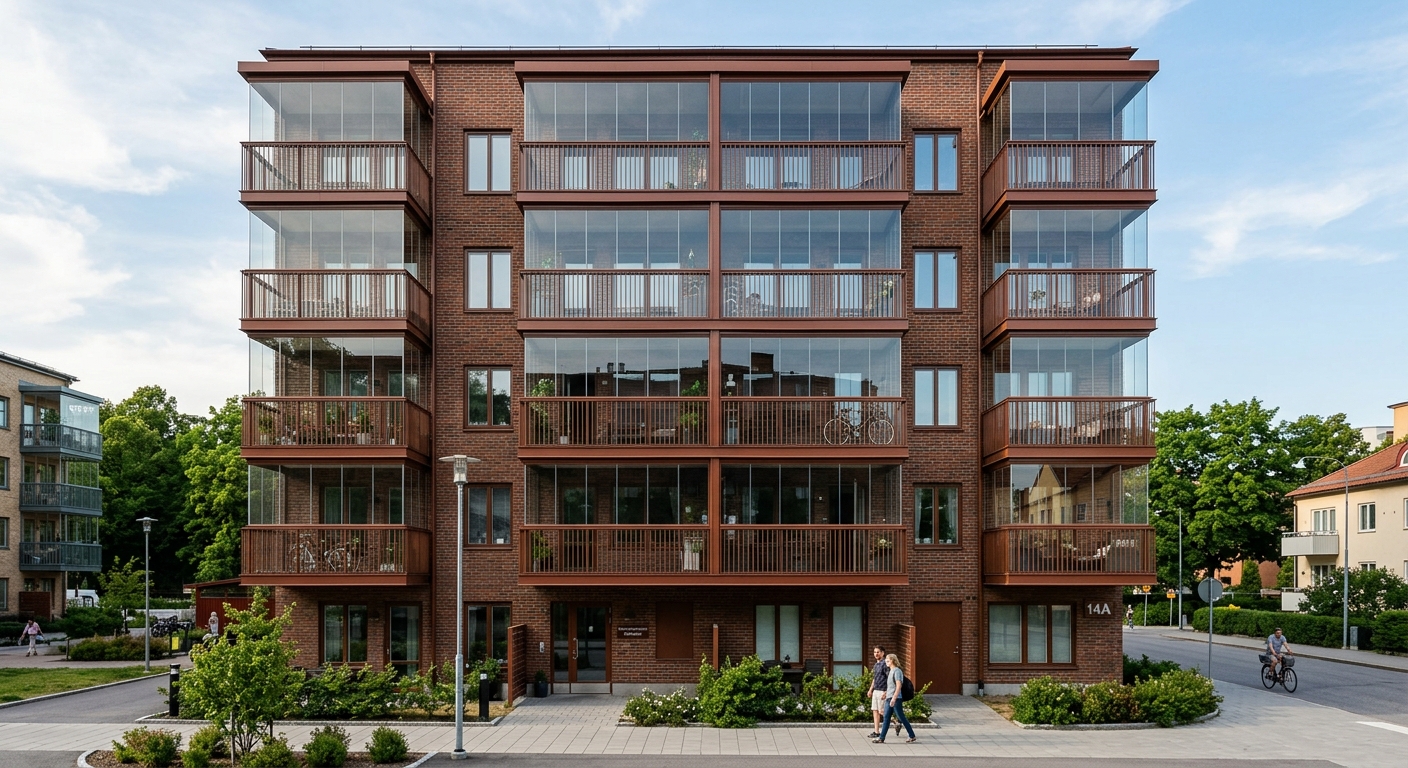 Flerbostadshus med enhetligt inglasade balkonger och profiler i fasadens kulör