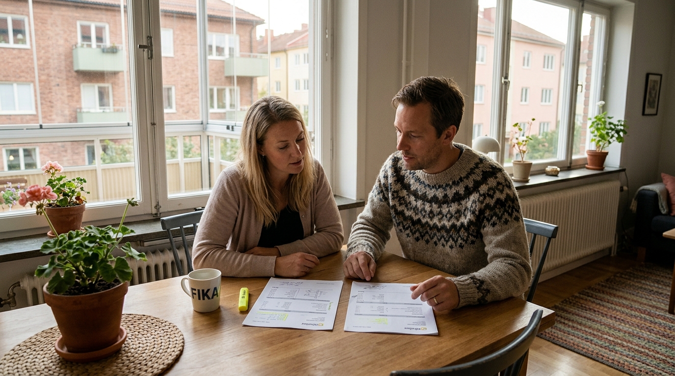 Bostadsrättsinnehavare som jämför två specificerade offerter för balkonginglasning