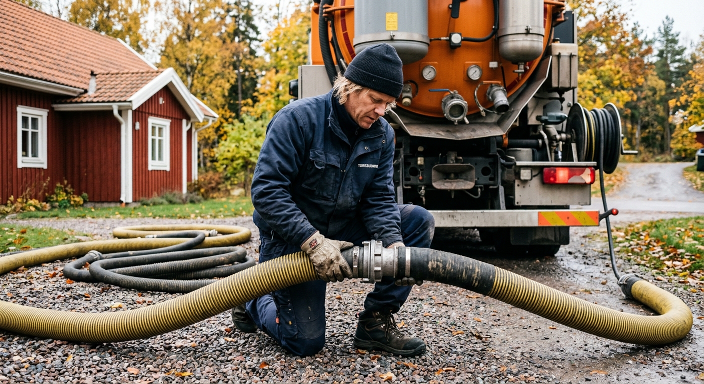 Operatör kopplar samman grova sugslangar vid en sugbil inför torrsugning