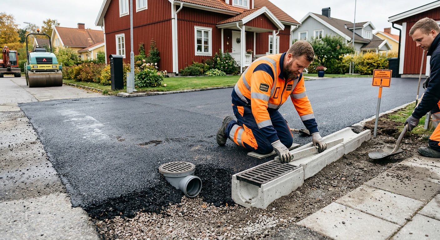 Nyasfalterad uppfart med korrekt fall mot dagvattenränna och gata