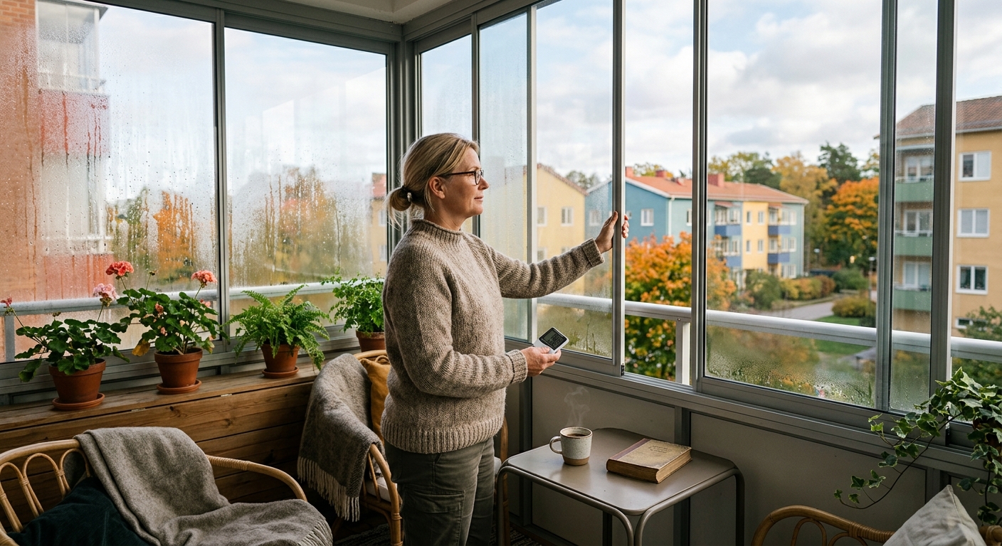 Öppnade vikglas på en balkong med synliga ventilationsspringor och dräneringsspår