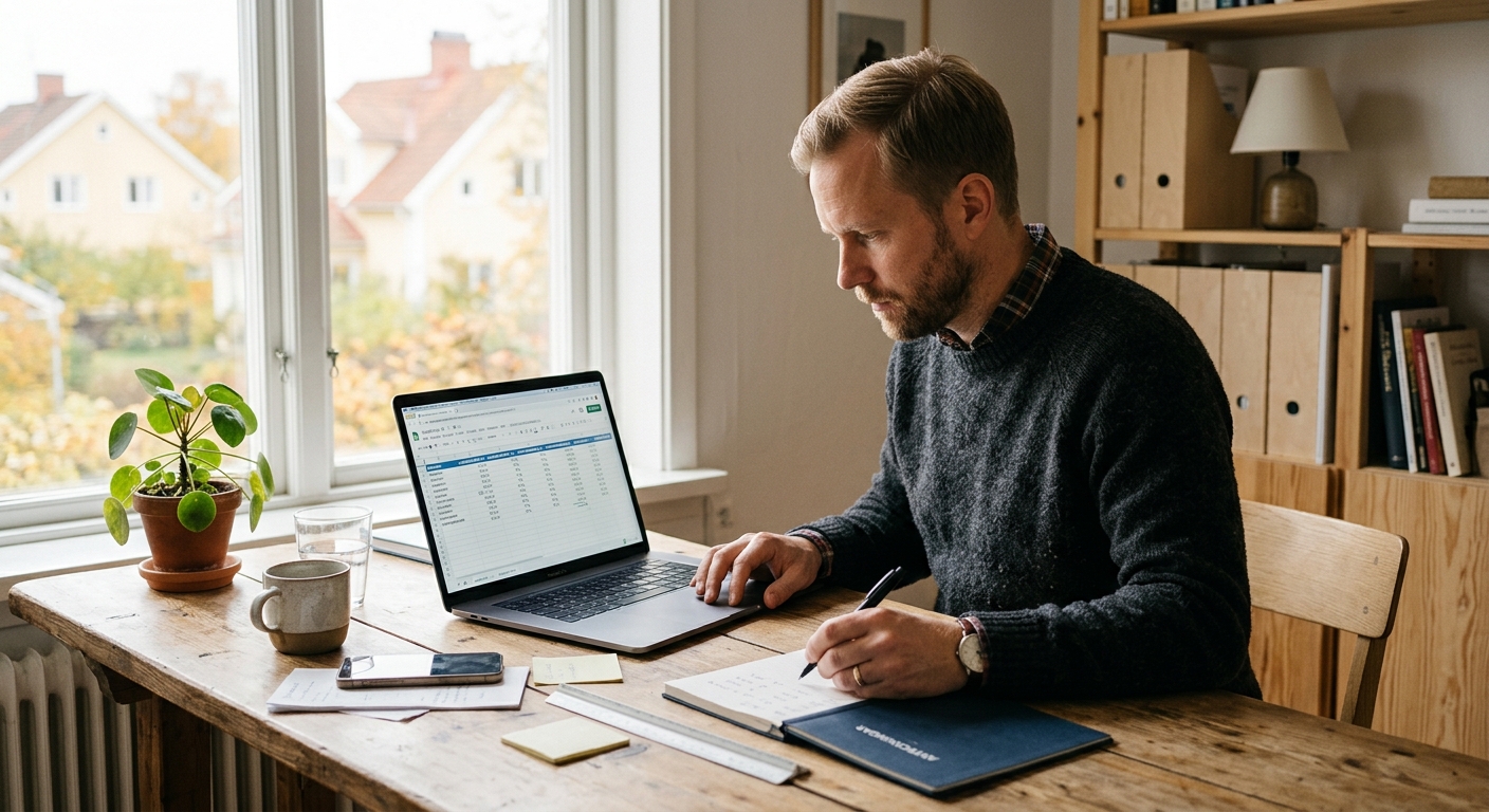 Företagare räknar på leadkostnad, avslutsgrad och täckningsbidrag i ett kalkylblad