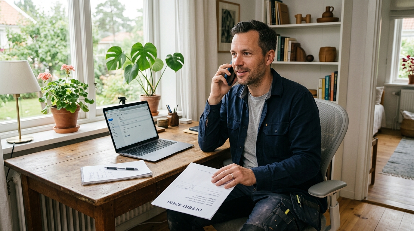 Tjänsteföretagare som följer upp en skickad offert med kunden via telefon