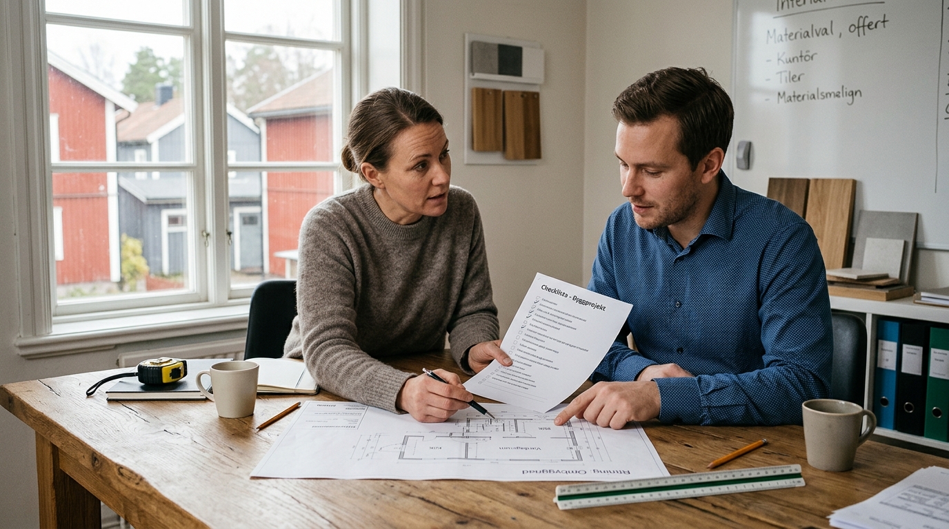 Byggföretagare som kvalificerar en kundförfrågan med ritning och checklista