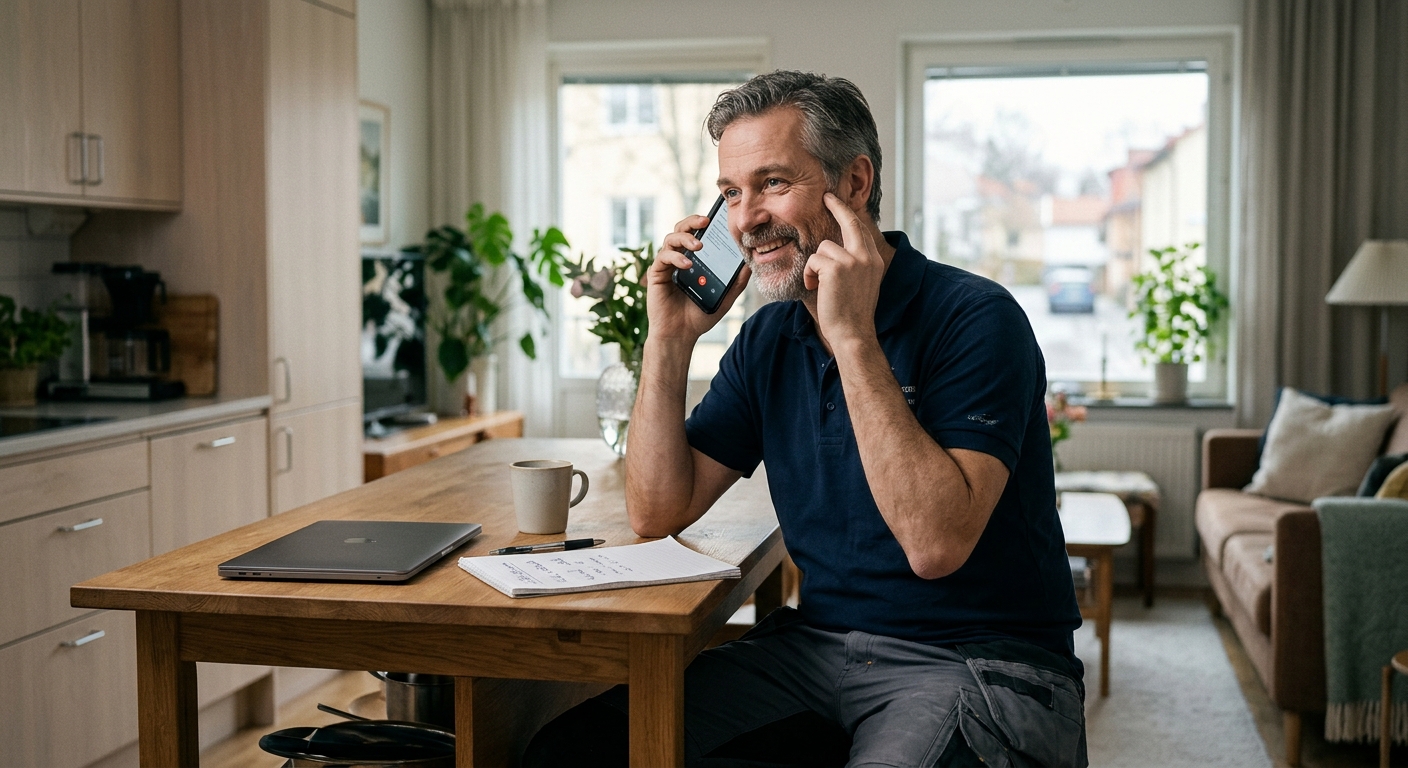 Elföretagare återkopplar snabbt till en kundförfrågan via mobiltelefon