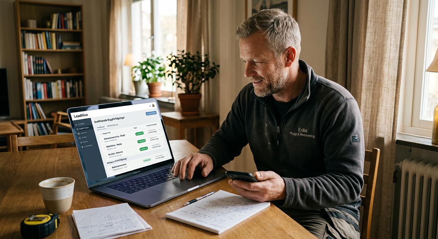Byggföretagare som granskar en kvalificerad projektförfrågan i mobilen