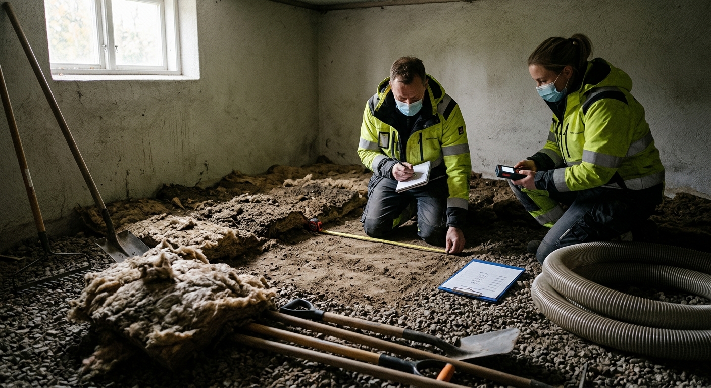 Villaägare mäter avståndet mellan uppställningsplats och krypgrund inför offert