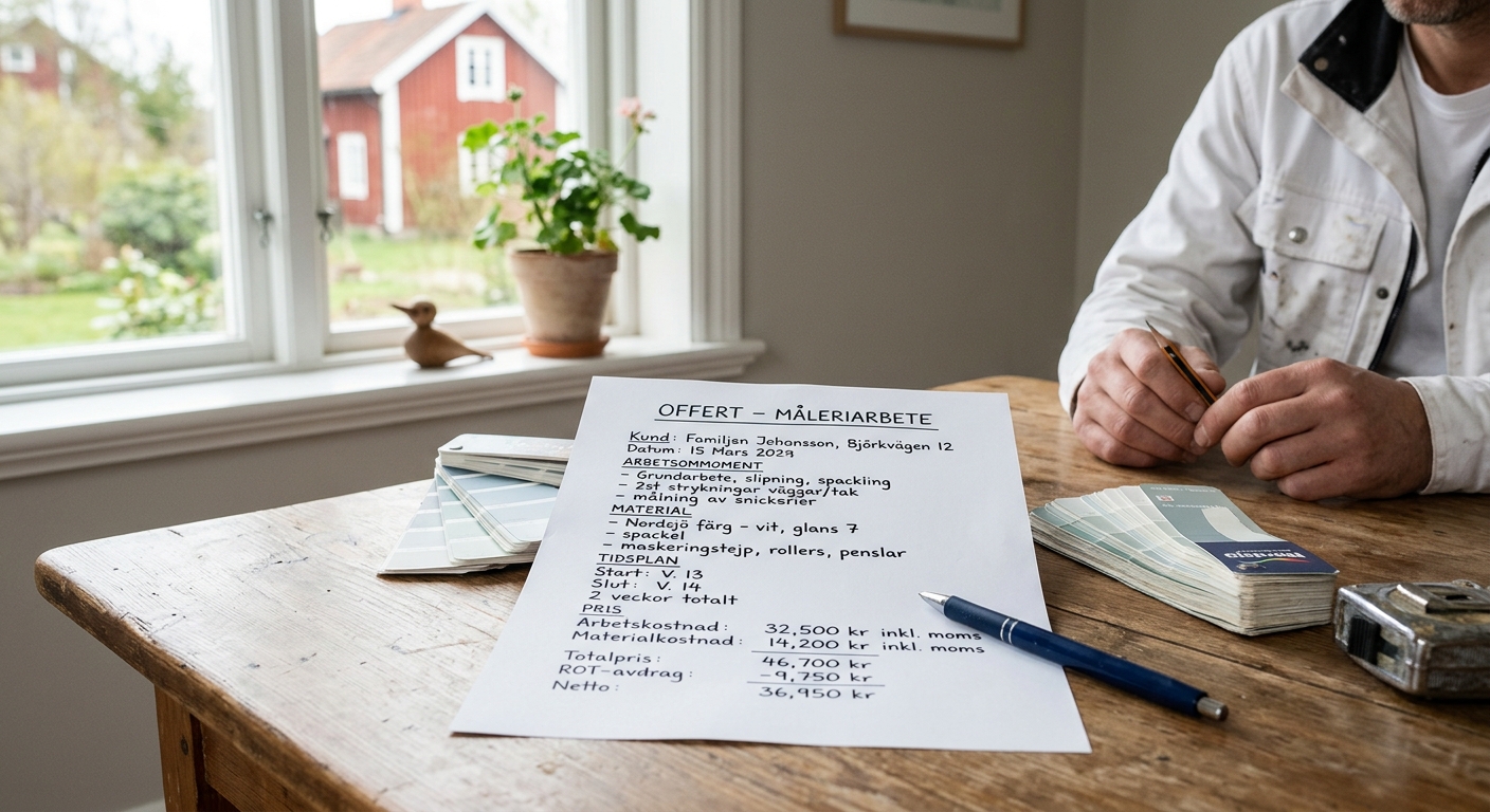 Tydlig offert för måleriarbete med arbetsmoment, material, tidsplan och pris