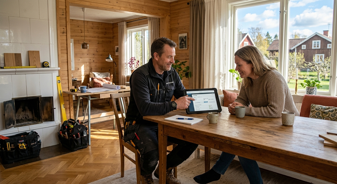 Hantverkare som granskar en digital offert och kalkyl på en surfplatta