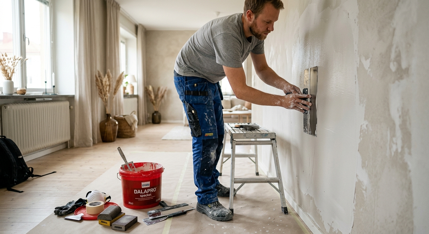 Bredspacklad vägg som slipas jämn före grundmålning