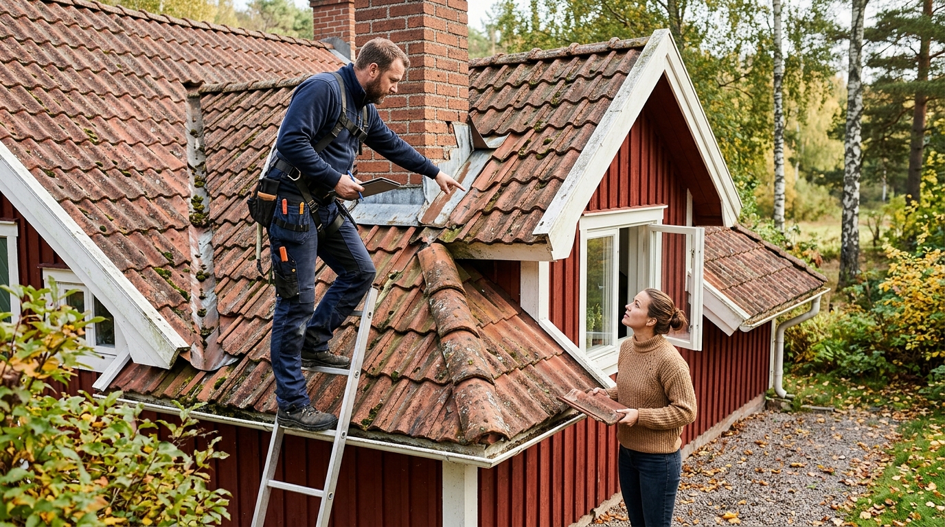 Besiktningsman som granskar takpannor, plåtdetaljer och genomföringar på ett villatak