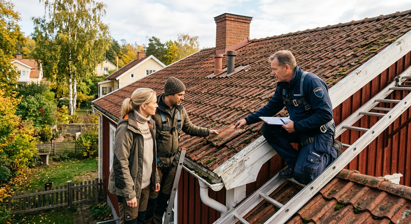 Villaägare och besiktningsman som planerar kontroll av ett äldre tegeltak