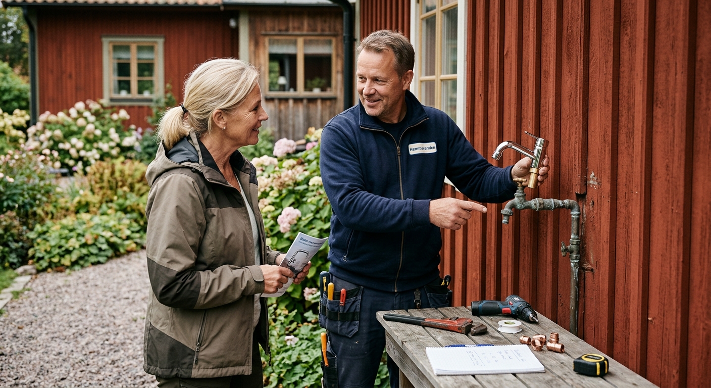 Rörmokare som mäter en vattenutkastare och väggens tjocklek inför byte