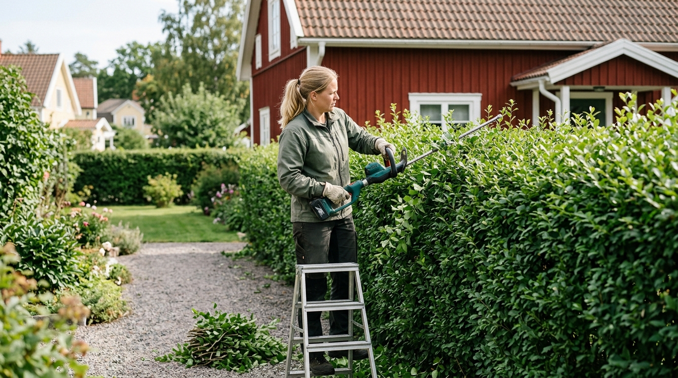 Trädgårdsarbetare mäter höjden och bredden på en tät häck före klippning