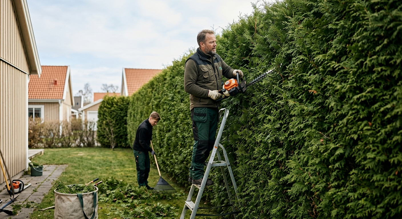 Trädgårdsarbetare mäter höjden och bredden på en tät häck före klippning