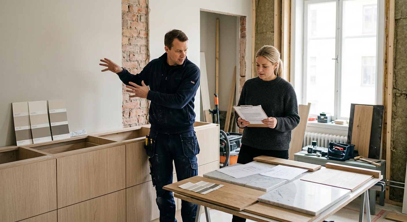 Hantverkare som undersöker puts och träpanel inför en fasadrenovering