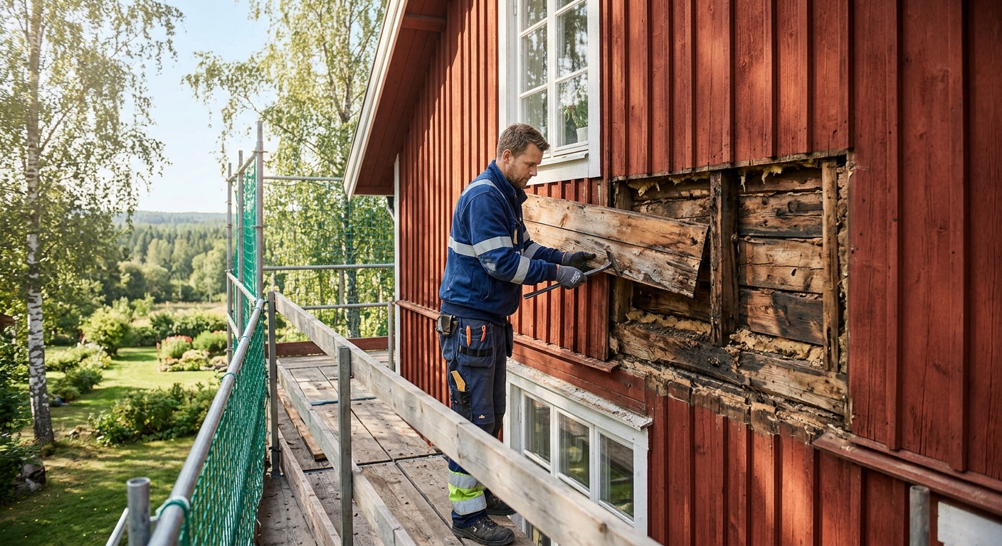 Fasadställning med skyddsnät runt en villa som renoveras