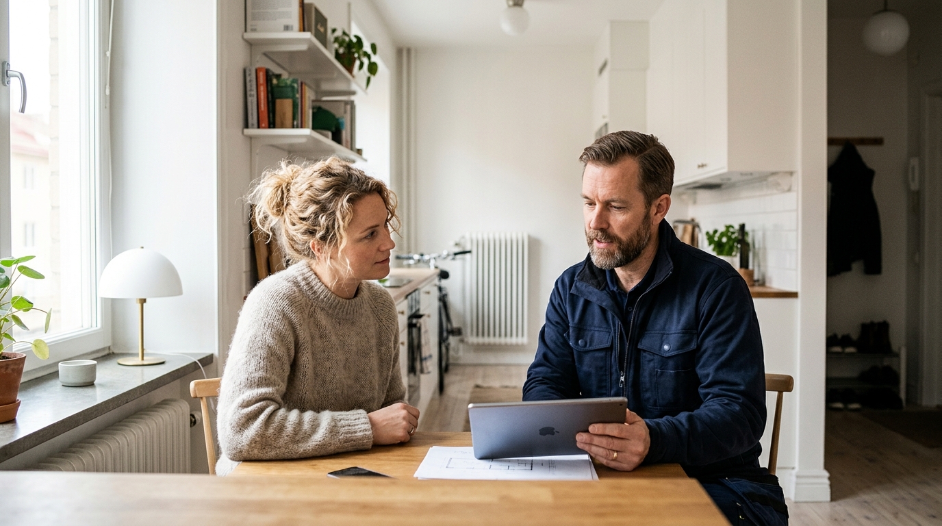 Kontrollansvarig går igenom kontrollplan och byggritningar på en byggarbetsplats