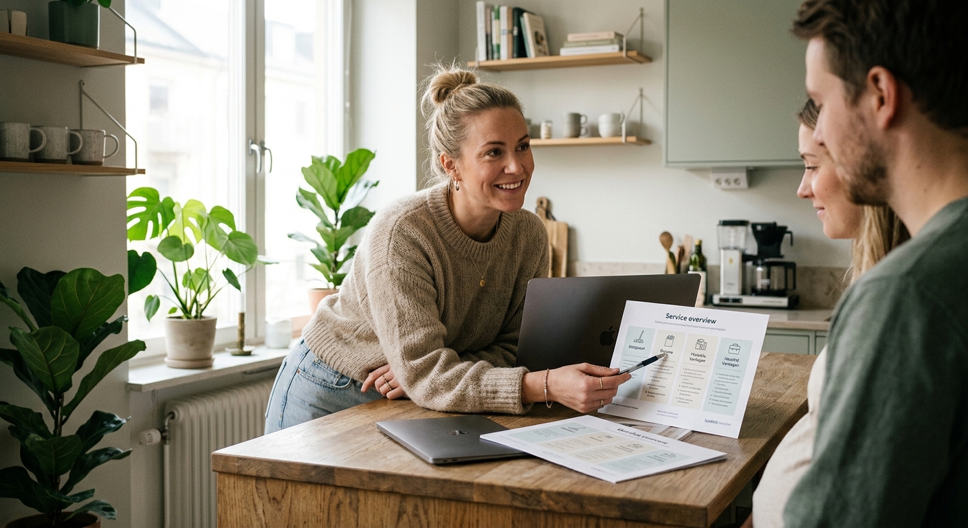 Redovisningskonsult som presenterar tre tydliga tjänstepaket för en företagskund