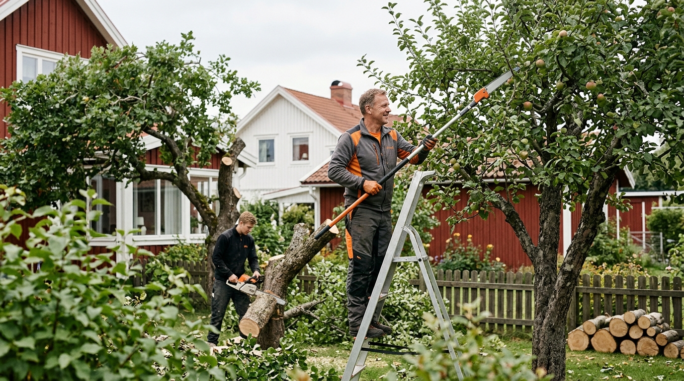 Arborist som bedömer höjd, fallriktning och risker inför prissättning av trädfällning