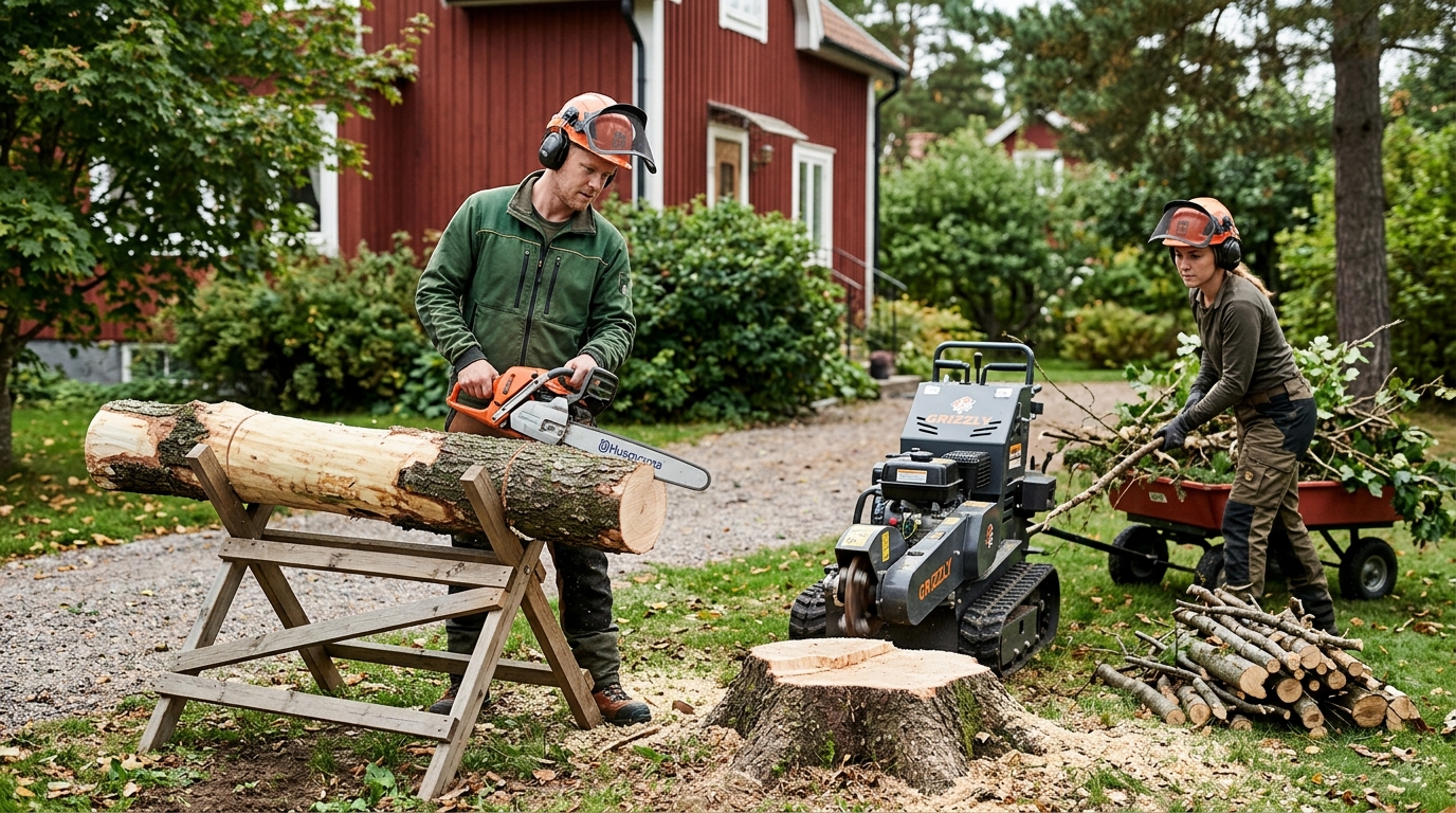 Nedfällt träd som kapas medan grenar samlas för bortforsling och stubben förbereds för fräsning