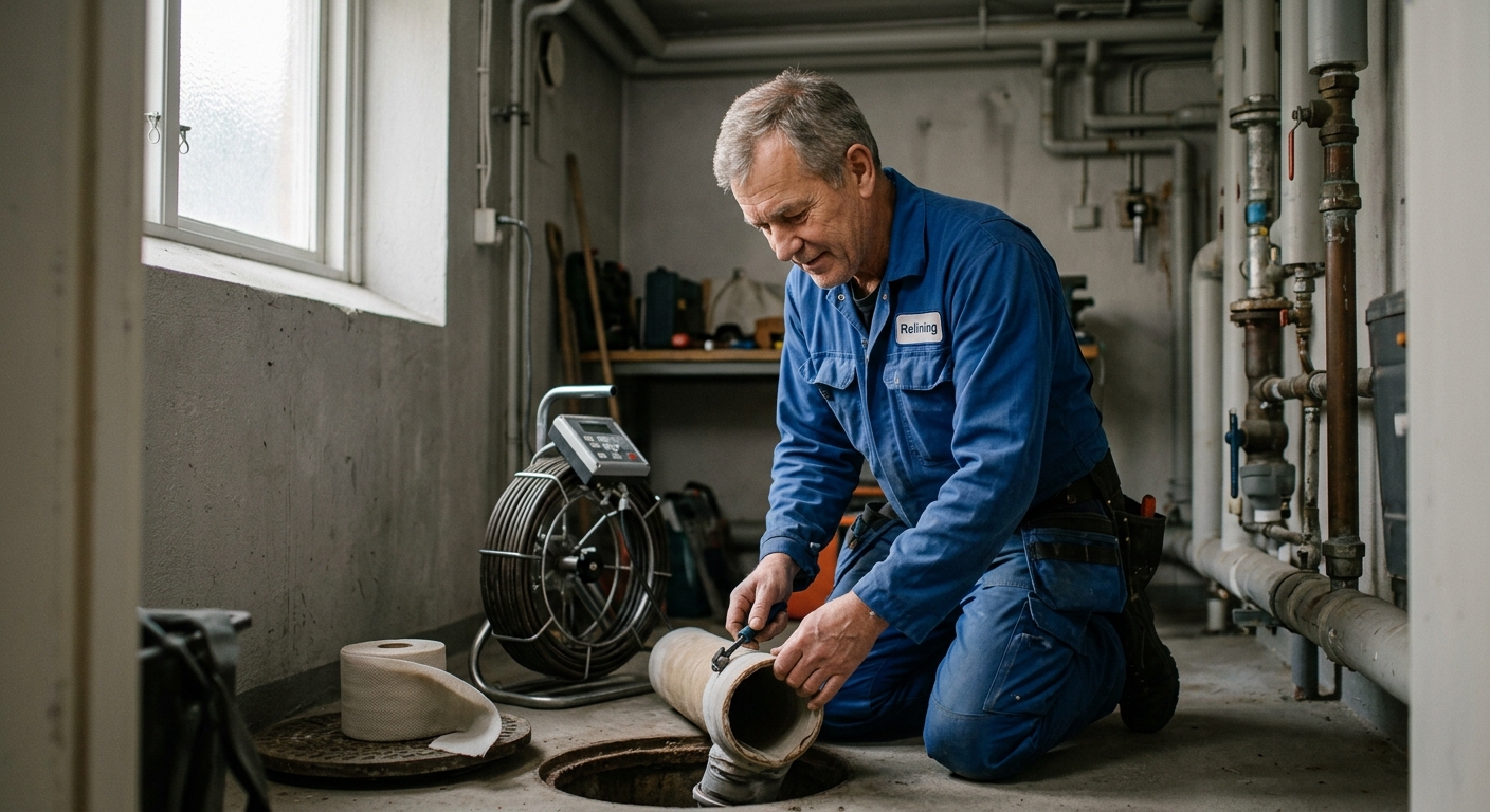 Tekniker som filmar och undersöker ett avloppsrör inför relining