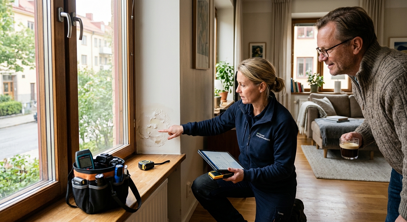 Besiktningsman undersöker och dokumenterar en skada i en byggnad