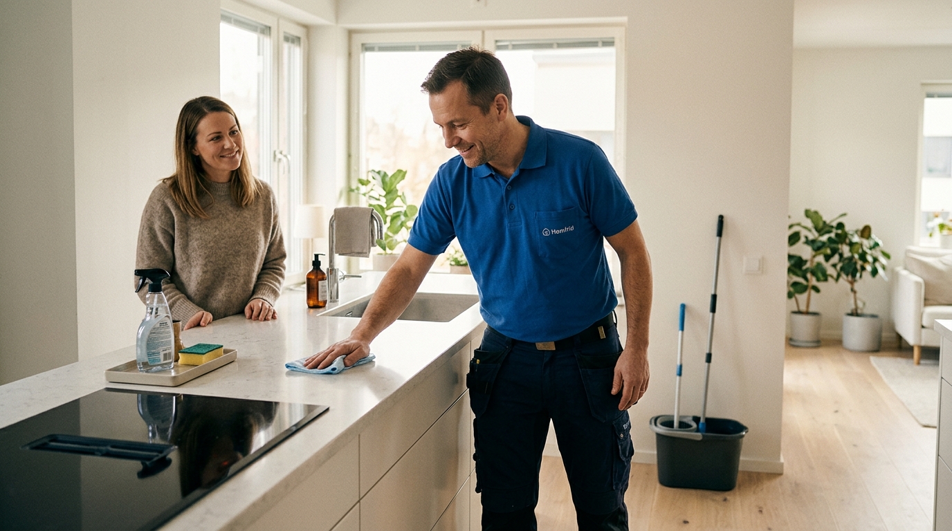 Två personer går igenom en offert för lönehantering med kalkylblad och checklista på ett skrivbord.